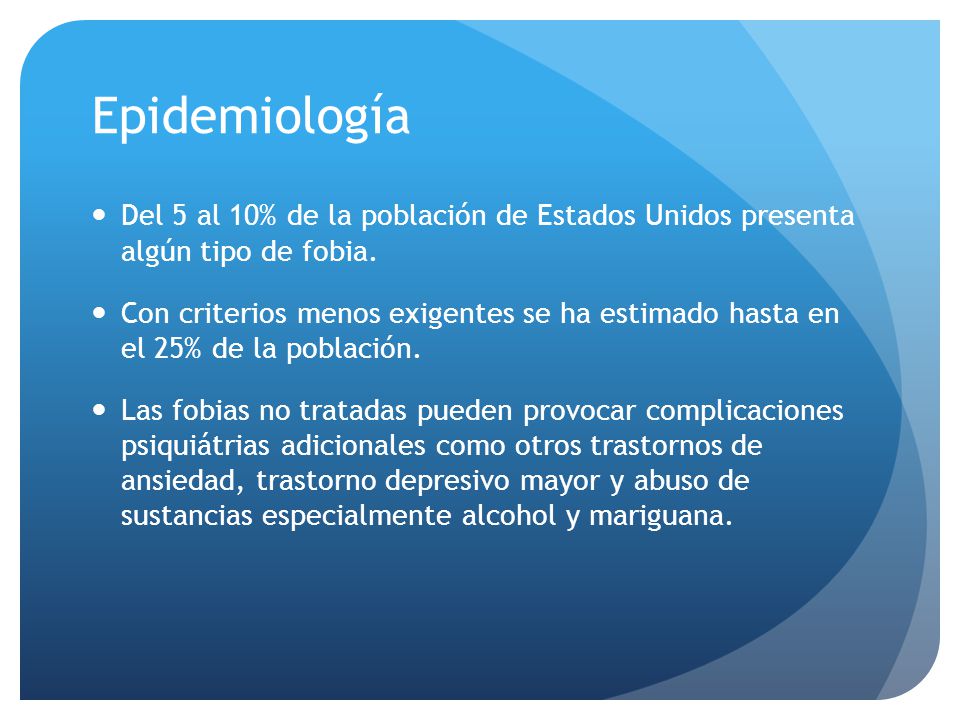 Epidemiología Del 5 al 10% de la población de Estados Unidos presenta algún tipo de fobia.