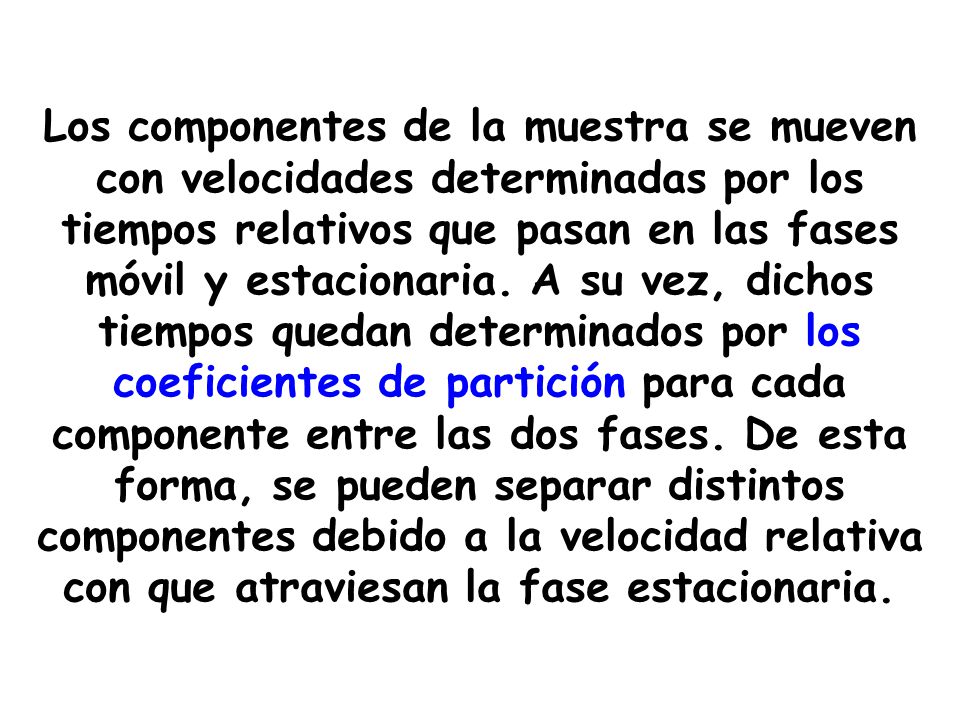 Los componentes de la muestra se mueven con velocidades determinadas por los tiempos relativos que pasan en las fases móvil y estacionaria.