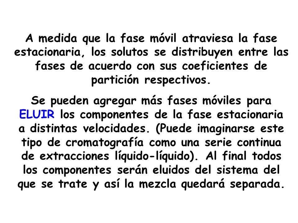 A medida que la fase móvil atraviesa la fase estacionaria, los solutos se distribuyen entre las fases de acuerdo con sus coeficientes de partición respectivos.