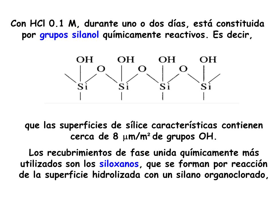 Con HCl 0.1 M, durante uno o dos días, está constituida por grupos silanol químicamente reactivos. Es decir,