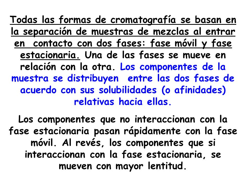 Todas las formas de cromatografía se basan en la separación de muestras de mezclas al entrar en contacto con dos fases: fase móvil y fase estacionaria. Una de las fases se mueve en relación con la otra. Los componentes de la muestra se distribuyen entre las dos fases de acuerdo con sus solubilidades (o afinidades) relativas hacia ellas.