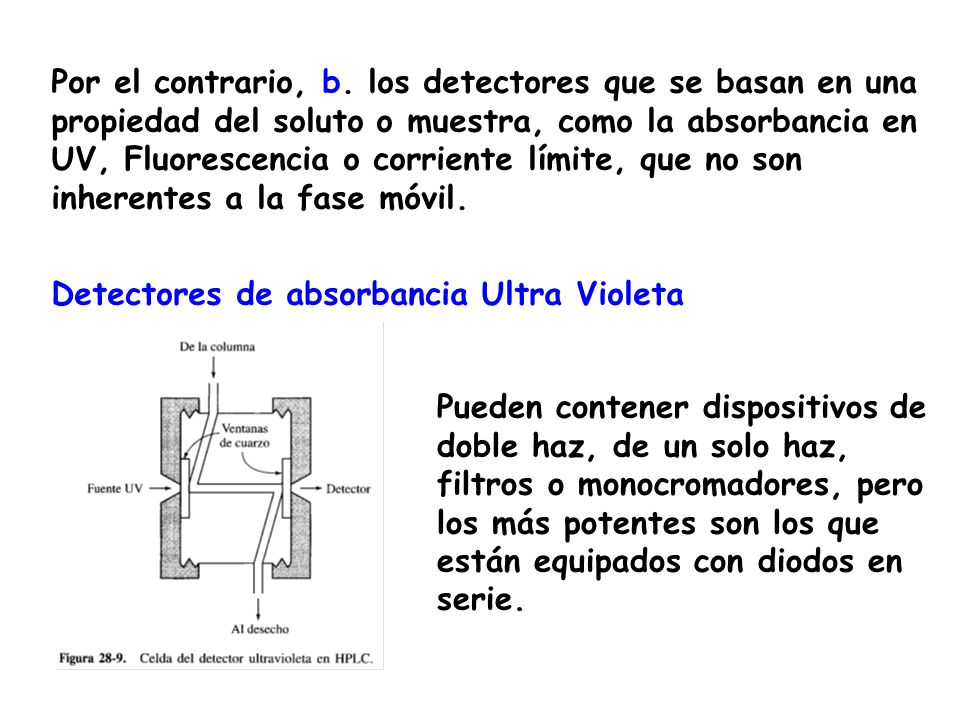 Por el contrario, b. los detectores que se basan en una propiedad del soluto o muestra, como la absorbancia en UV, Fluorescencia o corriente límite, que no son inherentes a la fase móvil.