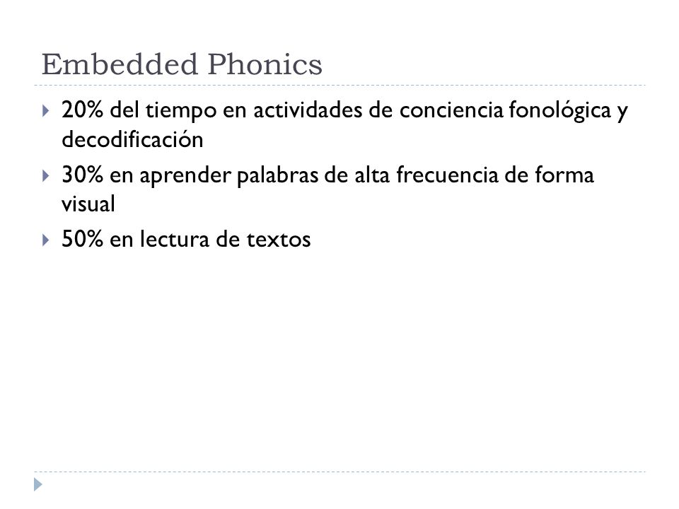 Embedded Phonics 20% del tiempo en actividades de conciencia fonológica y decodificación.