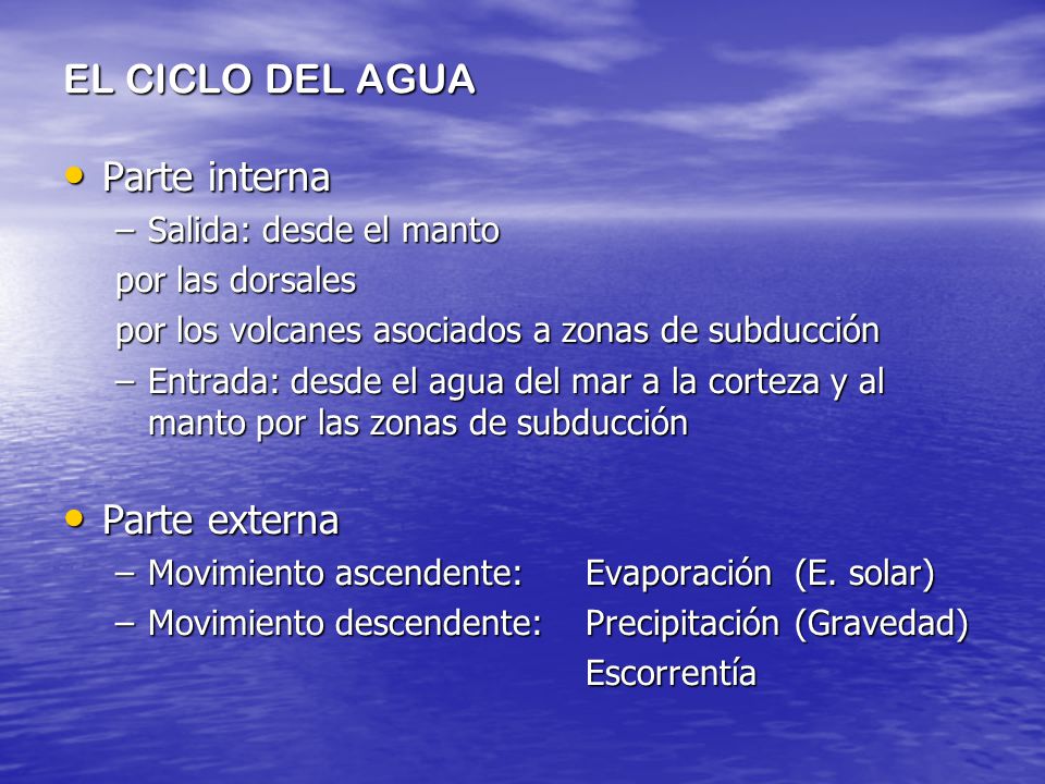EL CICLO DEL AGUA Parte interna Parte externa Salida: desde el manto
