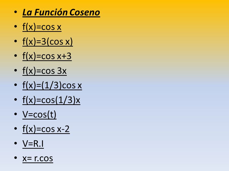 La Función Coseno f(x)=cos x. f(x)=3(cos x) f(x)=cos x+3. f(x)=cos 3x. f(x)=(1/3)cos x. f(x)=cos(1/3)x.