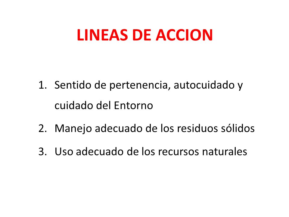LINEAS DE ACCION Sentido de pertenencia, autocuidado y cuidado del Entorno. Manejo adecuado de los residuos sólidos.