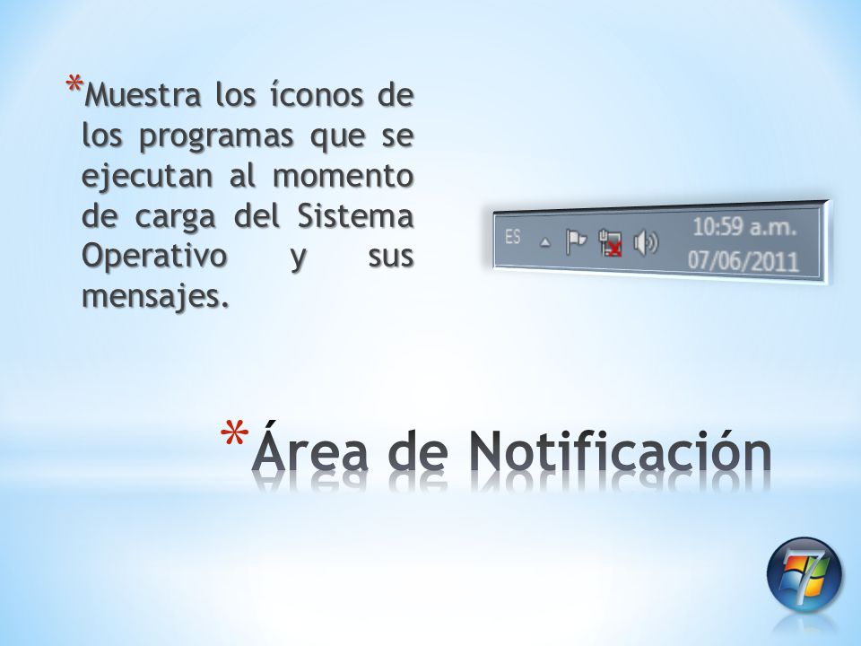 Muestra los íconos de los programas que se ejecutan al momento de carga del Sistema Operativo y sus mensajes.