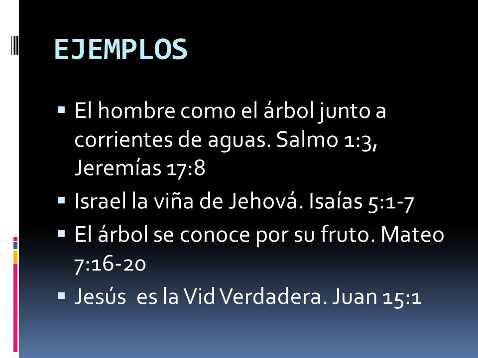 EJEMPLOS El hombre como el árbol junto a corrientes de aguas. Salmo 1:3, Jeremías 17:8. Israel la viña de Jehová. Isaías 5:1-7.