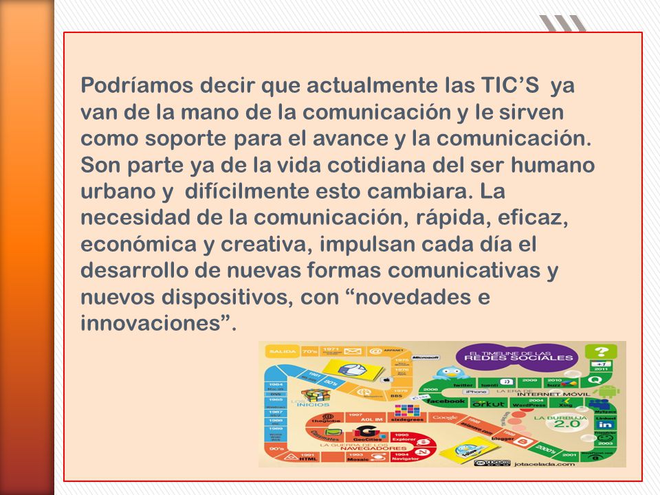 Podríamos decir que actualmente las TIC’S ya van de la mano de la comunicación y le sirven como soporte para el avance y la comunicación.