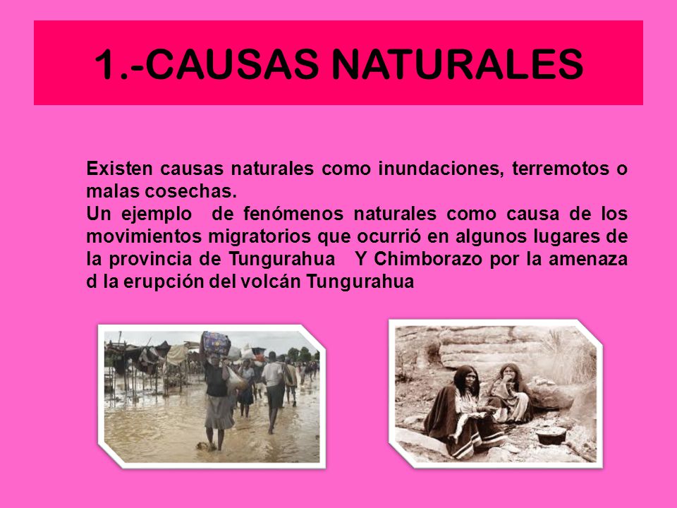 1.-CAUSAS NATURALES Existen causas naturales como inundaciones, terremotos o malas cosechas.