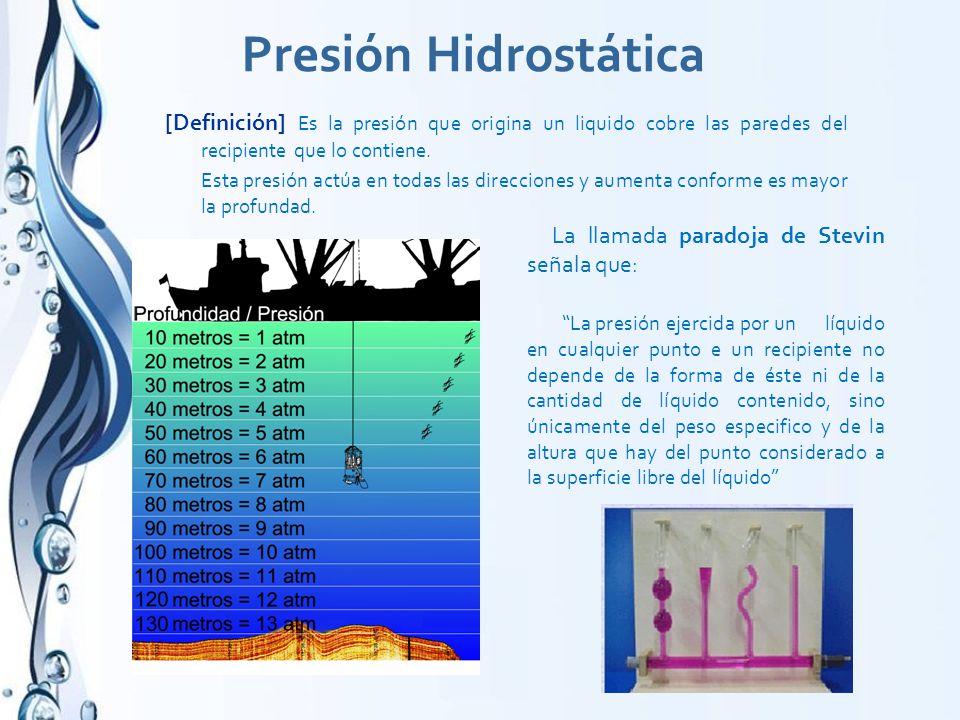 Presión Hidrostática [Definición] Es la presión que origina un liquido cobre las paredes del recipiente que lo contiene.