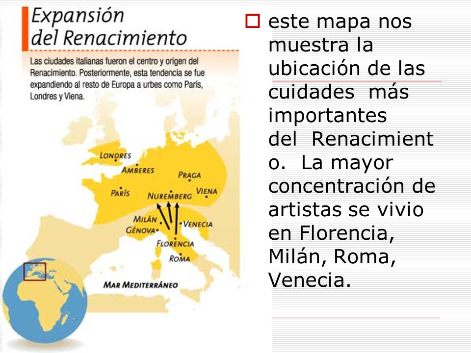 este mapa nos muestra la ubicación de las cuidades más importantes del Renacimiento. La mayor concentración de artistas se vivio en Florencia, Milán, Roma, Venecia.