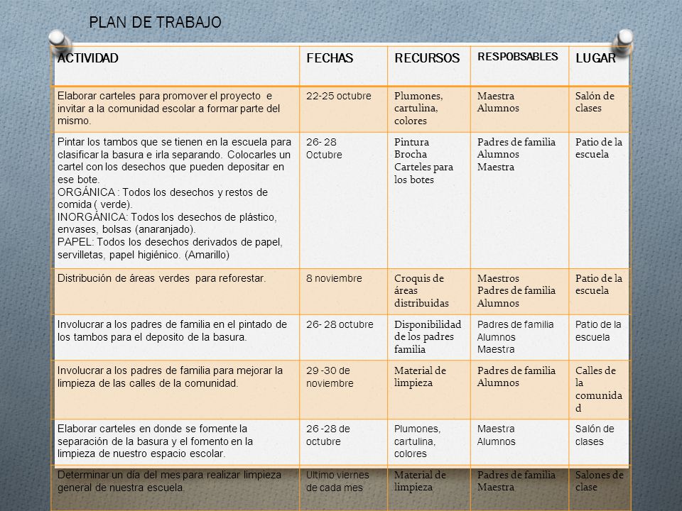 PLAN DE TRABAJO ACTIVIDAD FECHAS RECURSOS LUGAR RESPOBSABLES
