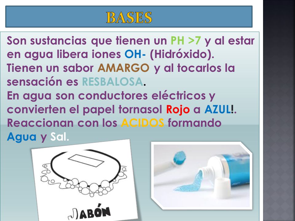 Bases Son sustancias que tienen un PH >7 y al estar en agua libera iones OH- (Hidróxido).