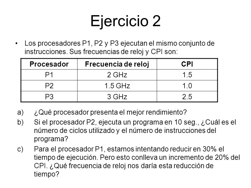 Ejercicio 2 Los procesadores P1, P2 y P3 ejecutan el mismo conjunto de instrucciones. Sus frecuencias de reloj y CPI son:
