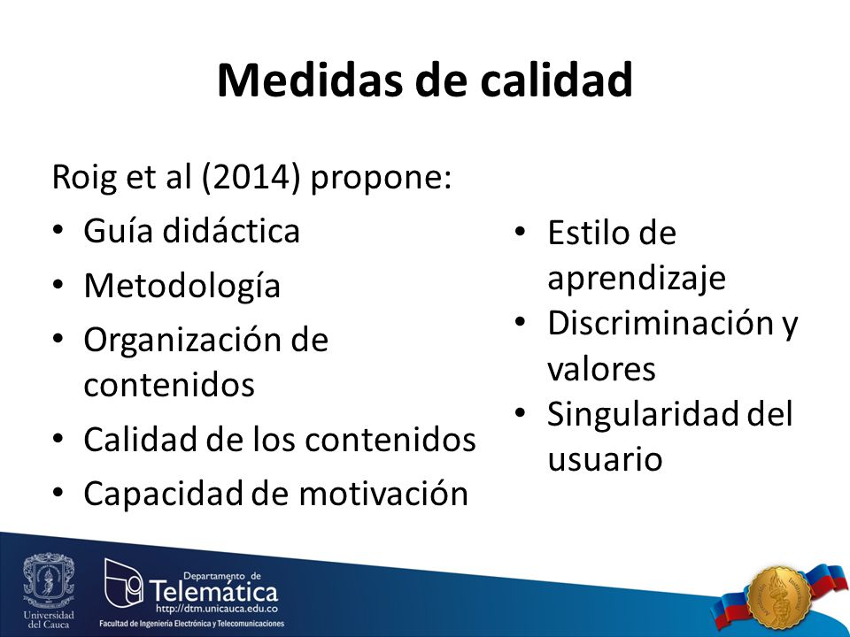 Medidas de calidad Roig et al (2014) propone: Guía didáctica