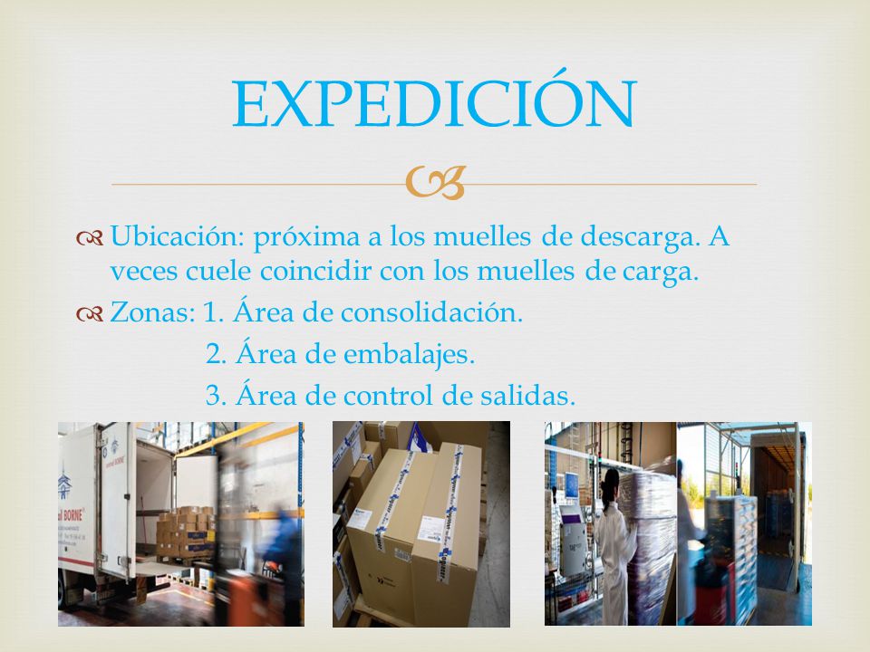 EXPEDICIÓN Ubicación: próxima a los muelles de descarga. A veces cuele coincidir con los muelles de carga.