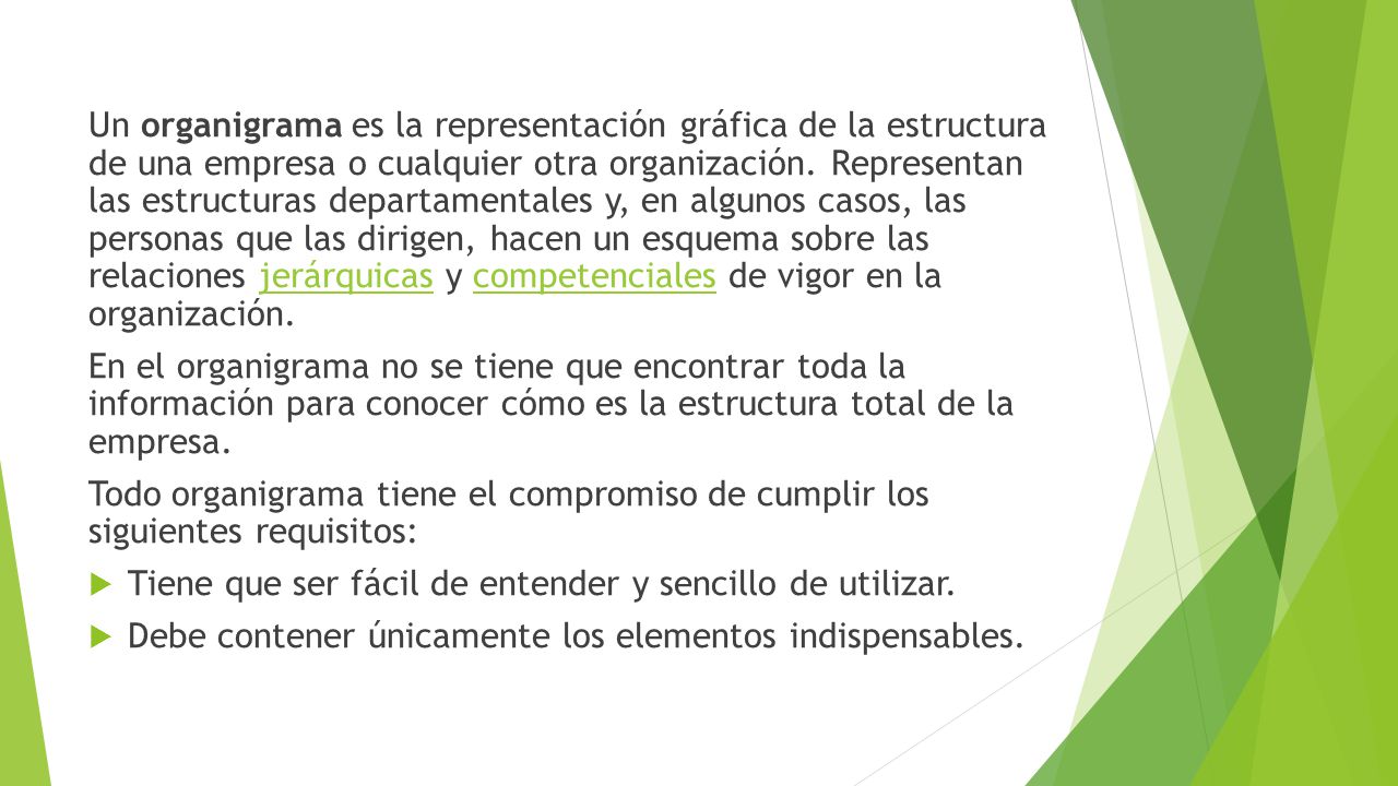 Un organigrama es la representación gráfica de la estructura de una empresa o cualquier otra organización. Representan las estructuras departamentales y, en algunos casos, las personas que las dirigen, hacen un esquema sobre las relaciones jerárquicas y competenciales de vigor en la organización.