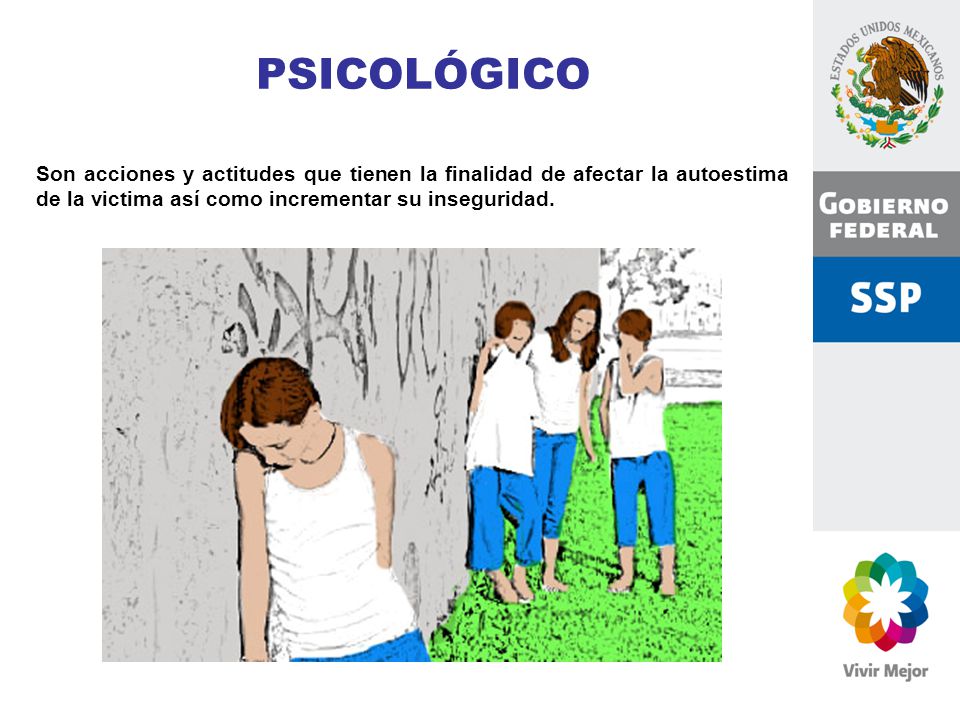 PSICOLÓGICO Son acciones y actitudes que tienen la finalidad de afectar la autoestima de la victima así como incrementar su inseguridad.