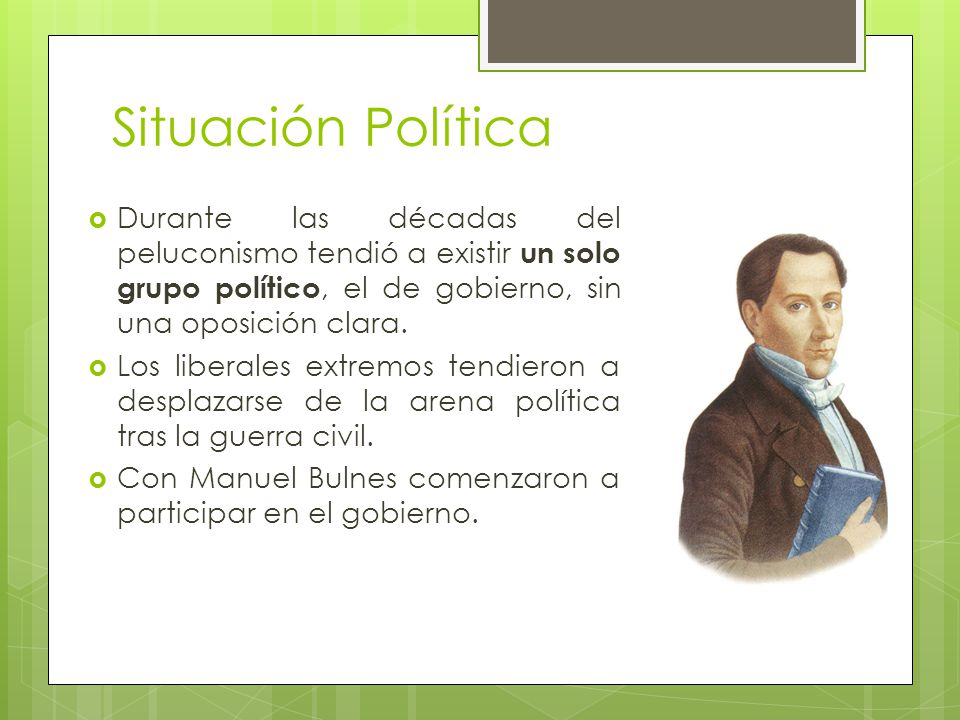 Situación Política Durante las décadas del peluconismo tendió a existir un solo grupo político, el de gobierno, sin una oposición clara.