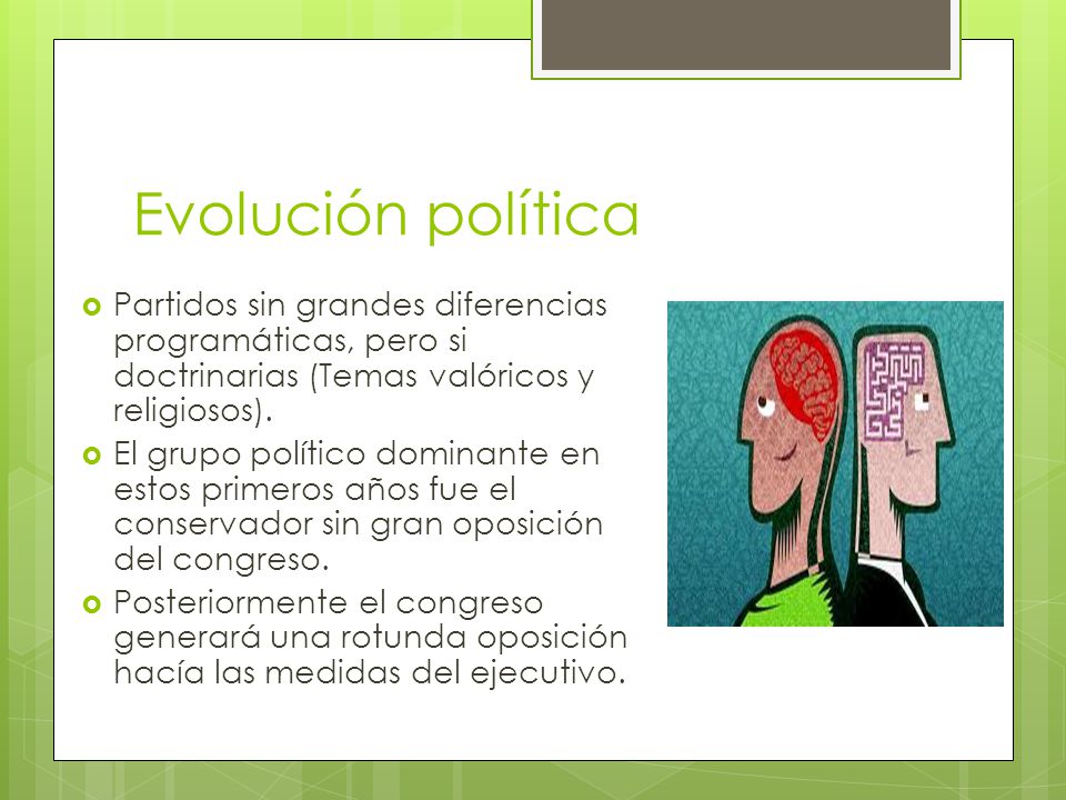 Evolución política Partidos sin grandes diferencias programáticas, pero si doctrinarias (Temas valóricos y religiosos).