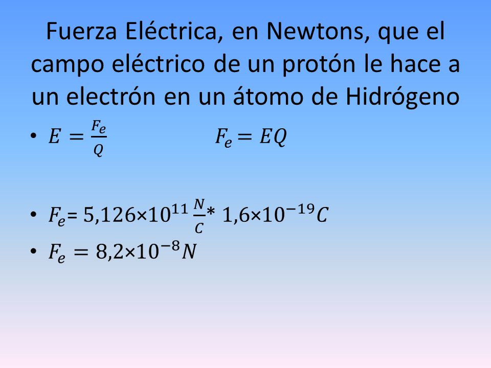 Fuerza Eléctrica, en Newtons, que el campo eléctrico de un protón le hace a un electrón en un átomo de Hidrógeno