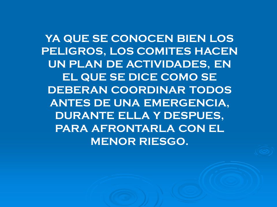 YA QUE SE CONOCEN BIEN LOS PELIGROS, LOS COMITES HACEN UN PLAN DE ACTIVIDADES, EN EL QUE SE DICE COMO SE DEBERAN COORDINAR TODOS ANTES DE UNA EMERGENCIA, DURANTE ELLA Y DESPUES, PARA AFRONTARLA CON EL MENOR RIESGO.