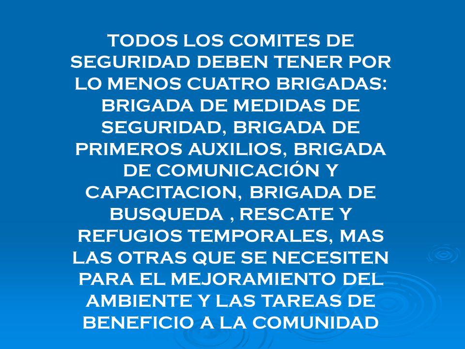 TODOS LOS COMITES DE SEGURIDAD DEBEN TENER POR LO MENOS CUATRO BRIGADAS: BRIGADA DE MEDIDAS DE SEGURIDAD, BRIGADA DE PRIMEROS AUXILIOS, BRIGADA DE COMUNICACIÓN Y CAPACITACION, BRIGADA DE BUSQUEDA , RESCATE Y REFUGIOS TEMPORALES, MAS LAS OTRAS QUE SE NECESITEN PARA EL MEJORAMIENTO DEL AMBIENTE Y LAS TAREAS DE BENEFICIO A LA COMUNIDAD