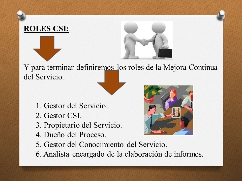 ROLES CSI: Y para terminar definiremos los roles de la Mejora Continua del Servicio.