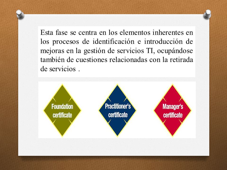 Esta fase se centra en los elementos inherentes en los procesos de identificación e introducción de mejoras en la gestión de servicios TI, ocupándose también de cuestiones relacionadas con la retirada de servicios .