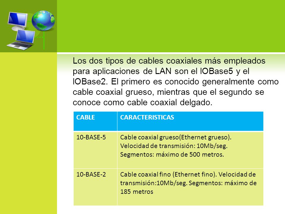 Los dos tipos de cables coaxiales más empleados para aplicaciones de LAN son el lOBase5 y el lOBase2. El primero es conocido generalmente como cable coaxial grueso, mientras que el segundo se conoce como cable coaxial delgado.