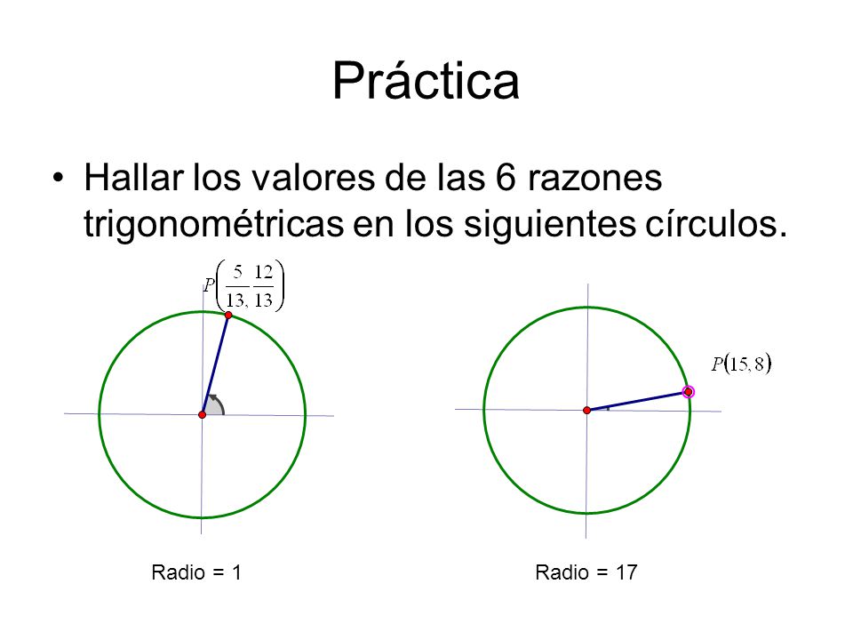 Práctica Hallar los valores de las 6 razones trigonométricas en los siguientes círculos. Radio = 1.