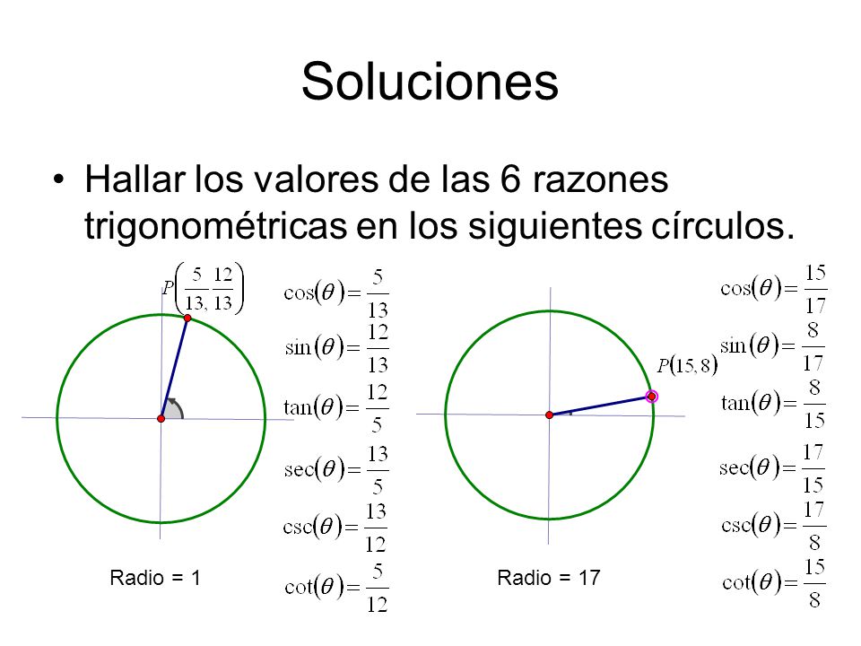 Soluciones Hallar los valores de las 6 razones trigonométricas en los siguientes círculos. Radio = 17.
