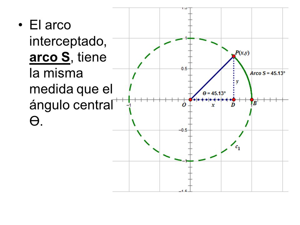 El arco interceptado, arco S, tiene la misma medida que el ángulo central ϴ.