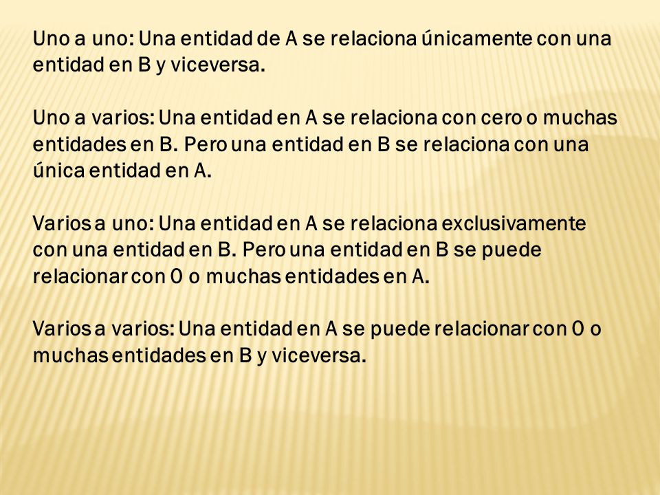 Uno a uno: Una entidad de A se relaciona únicamente con una entidad en B y viceversa.