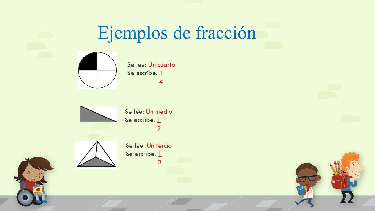 Ejemplos de fracción Se lee: Un cuarto Se escribe: 1 4