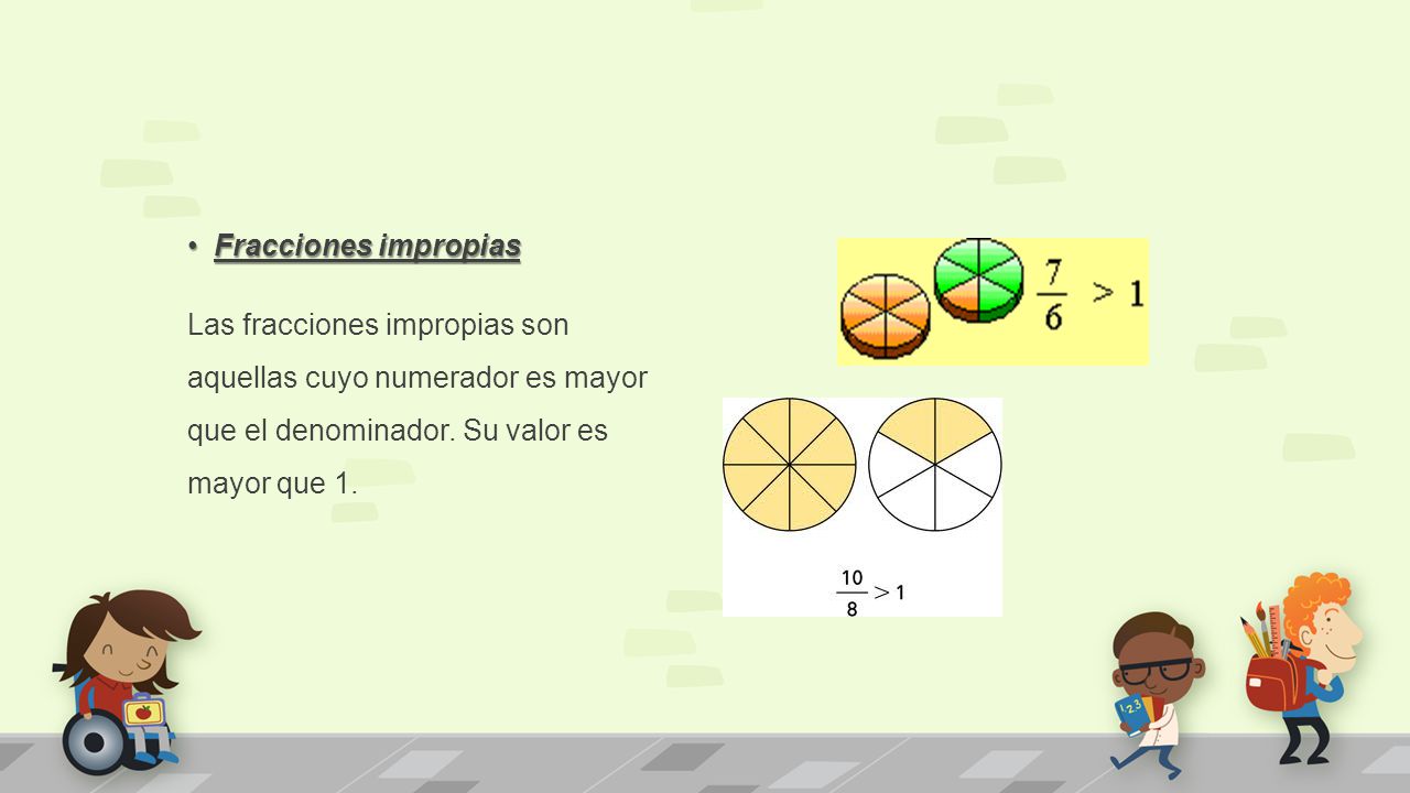Fracciones impropias Las fracciones impropias son aquellas cuyo numerador es mayor que el denominador.