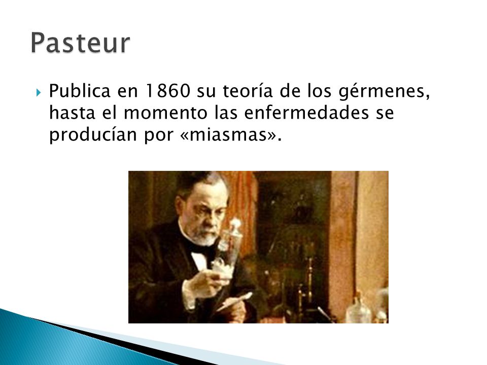 Pasteur Publica en 1860 su teoría de los gérmenes, hasta el momento las enfermedades se producían por «miasmas».
