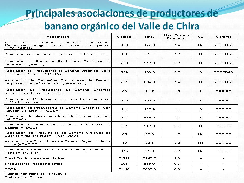 Principales asociaciones de productores de banano orgánico del Valle de Chira
