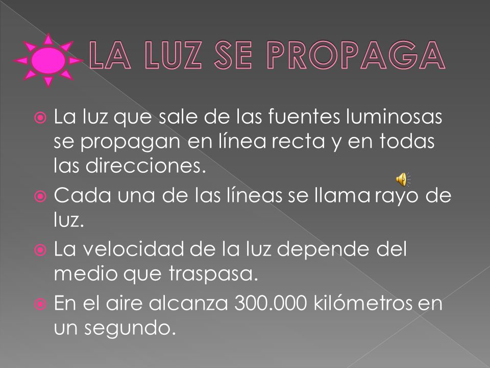 LA LUZ SE PROPAGA La luz que sale de las fuentes luminosas se propagan en línea recta y en todas las direcciones.