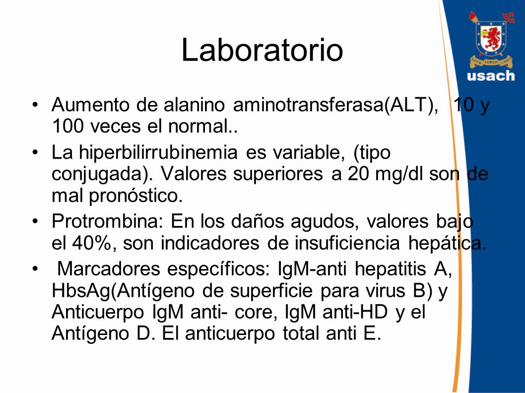 Laboratorio Aumento de alanino aminotransferasa(ALT), 10 y 100 veces el normal..