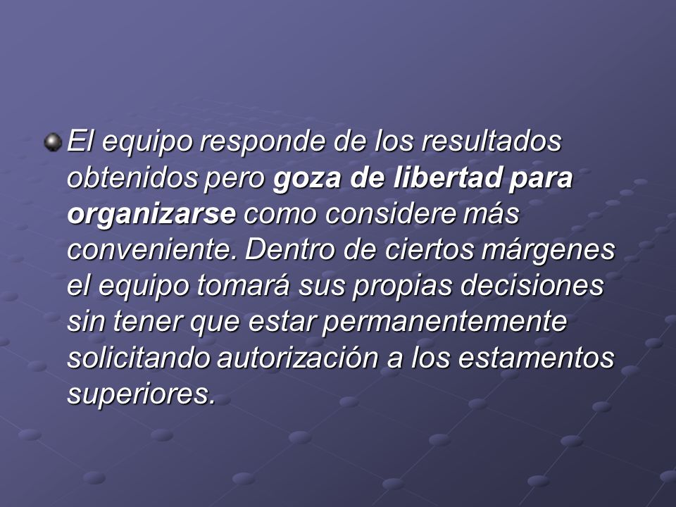 El equipo responde de los resultados obtenidos pero goza de libertad para organizarse como considere más conveniente.