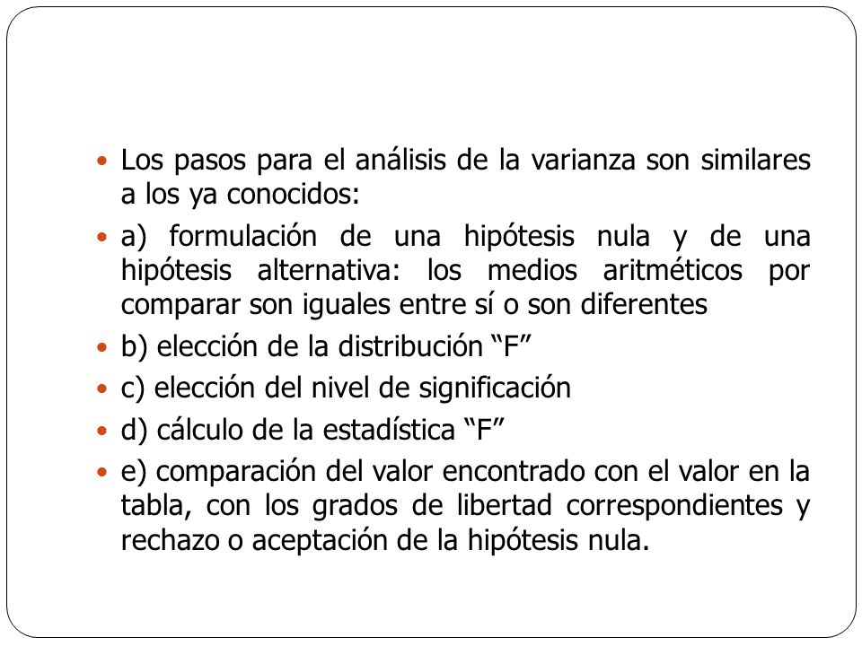 Los pasos para el análisis de la varianza son similares a los ya conocidos: