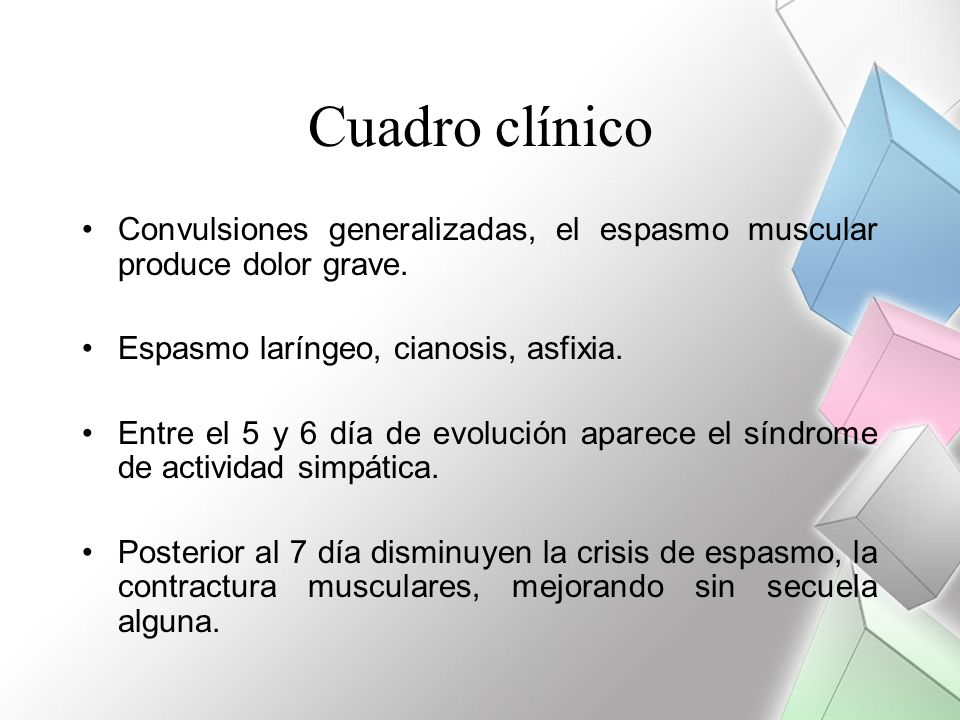 Cuadro clínico Convulsiones generalizadas, el espasmo muscular produce dolor grave. Espasmo laríngeo, cianosis, asfixia.