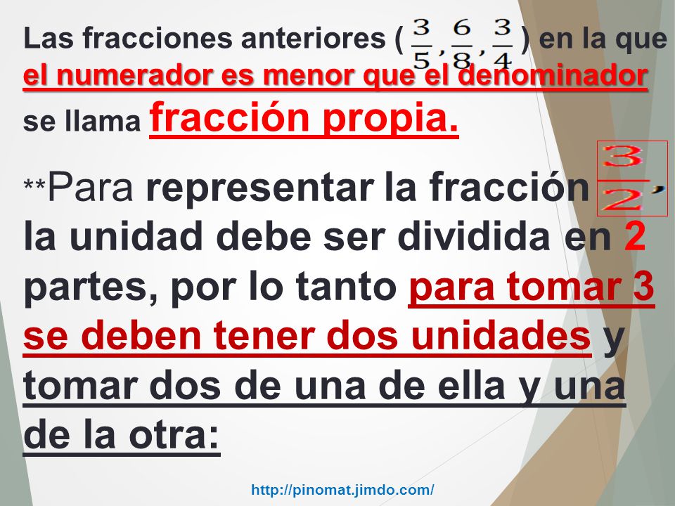 Las fracciones anteriores ( ) en la que el numerador es menor que el denominador se llama fracción propia.