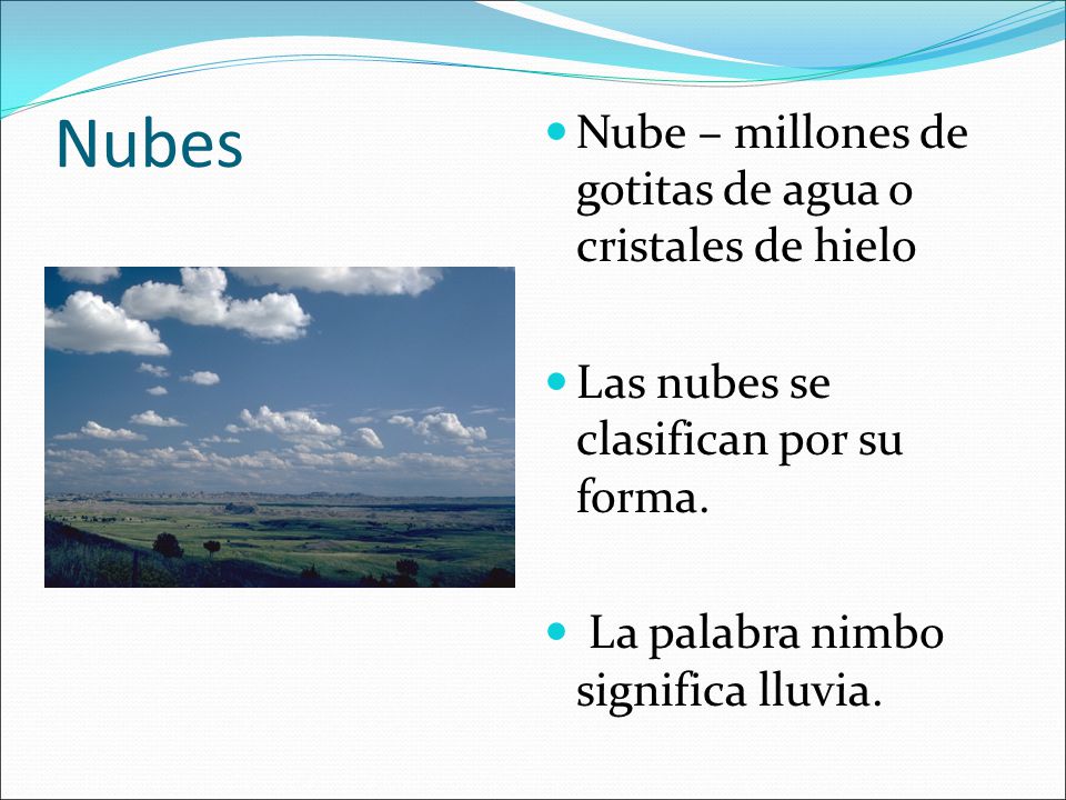 Nubes Nube – millones de gotitas de agua o cristales de hielo