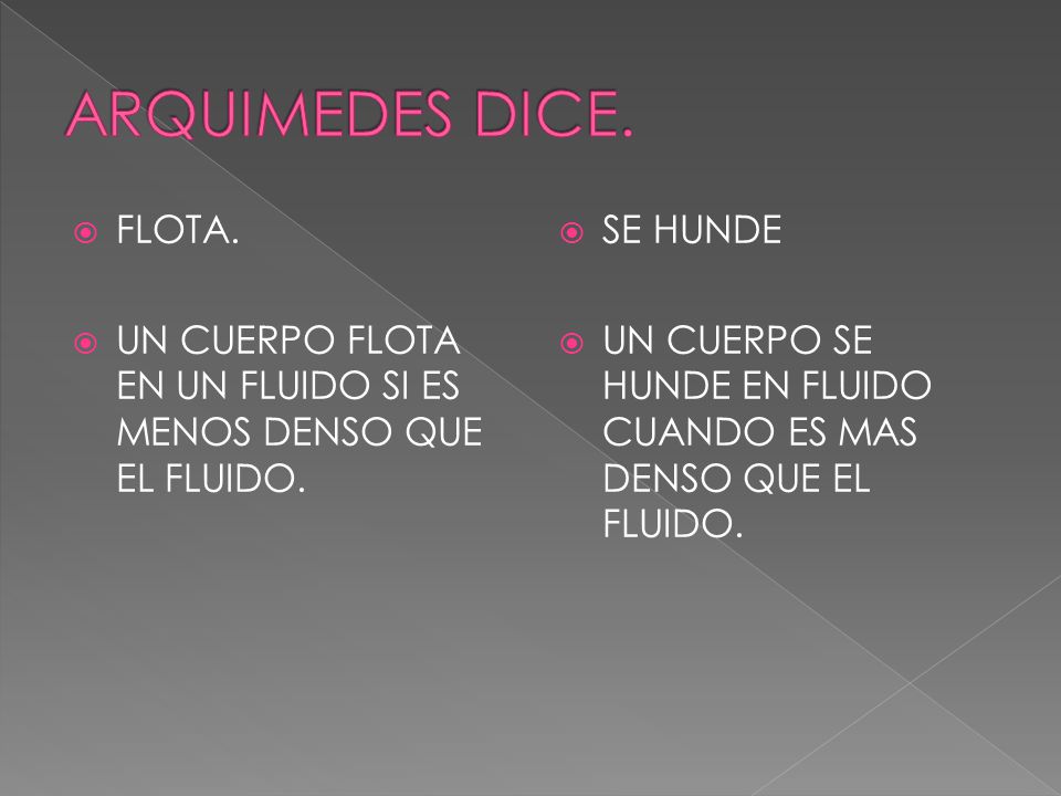 ARQUIMEDES DICE. FLOTA. UN CUERPO FLOTA EN UN FLUIDO SI ES MENOS DENSO QUE EL FLUIDO. SE HUNDE.