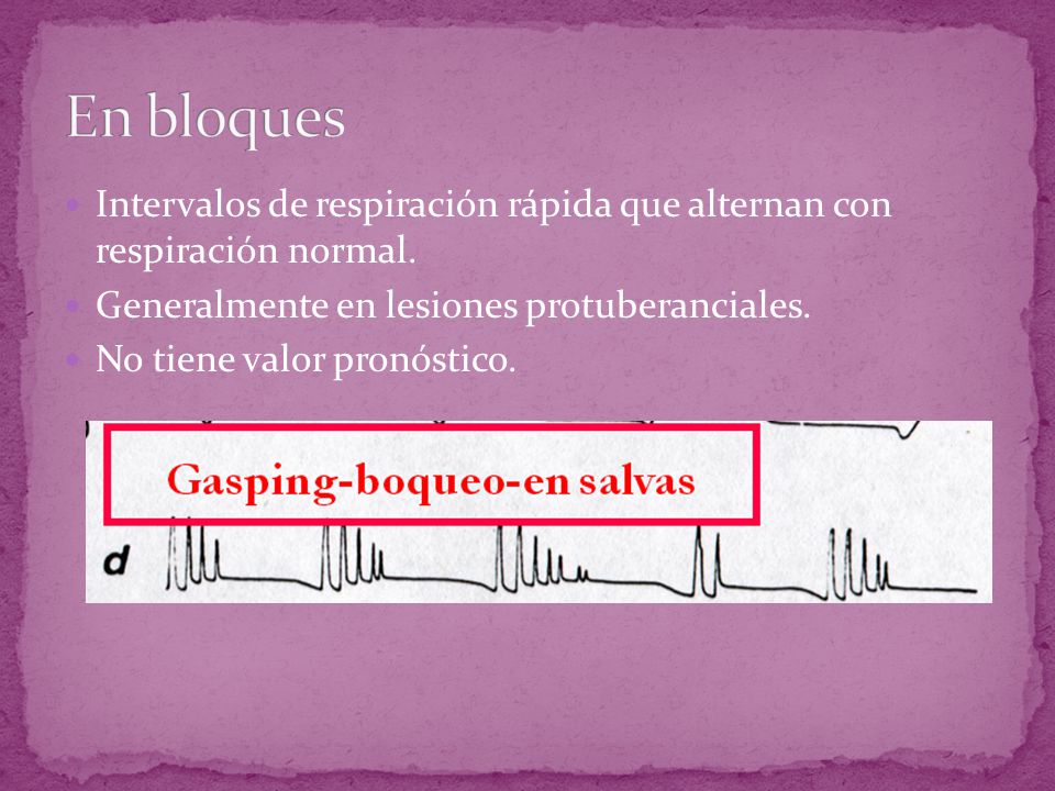 En bloques Intervalos de respiración rápida que alternan con respiración normal. Generalmente en lesiones protuberanciales.