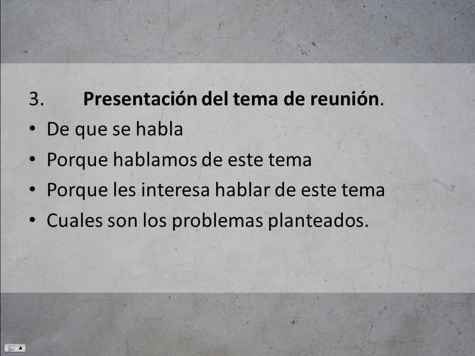 3. Presentación del tema de reunión.