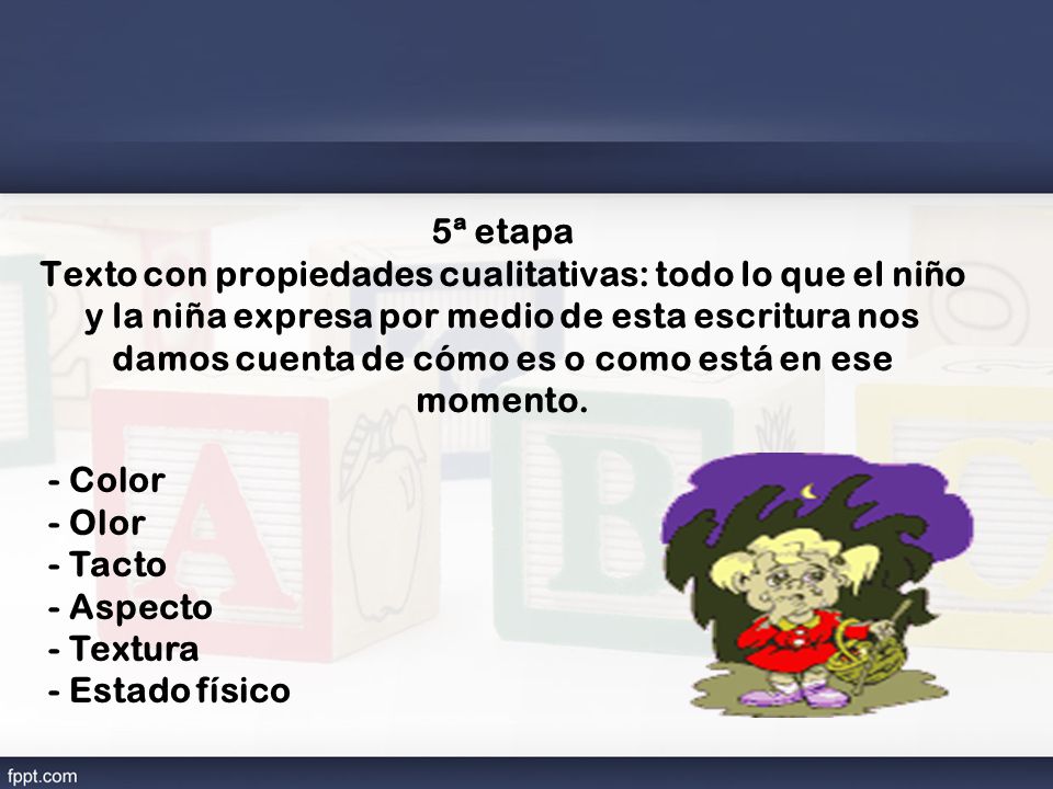 5ª etapa Texto con propiedades cualitativas: todo lo que el niño y la niña expresa por medio de esta escritura nos damos cuenta de cómo es o como está en ese momento.